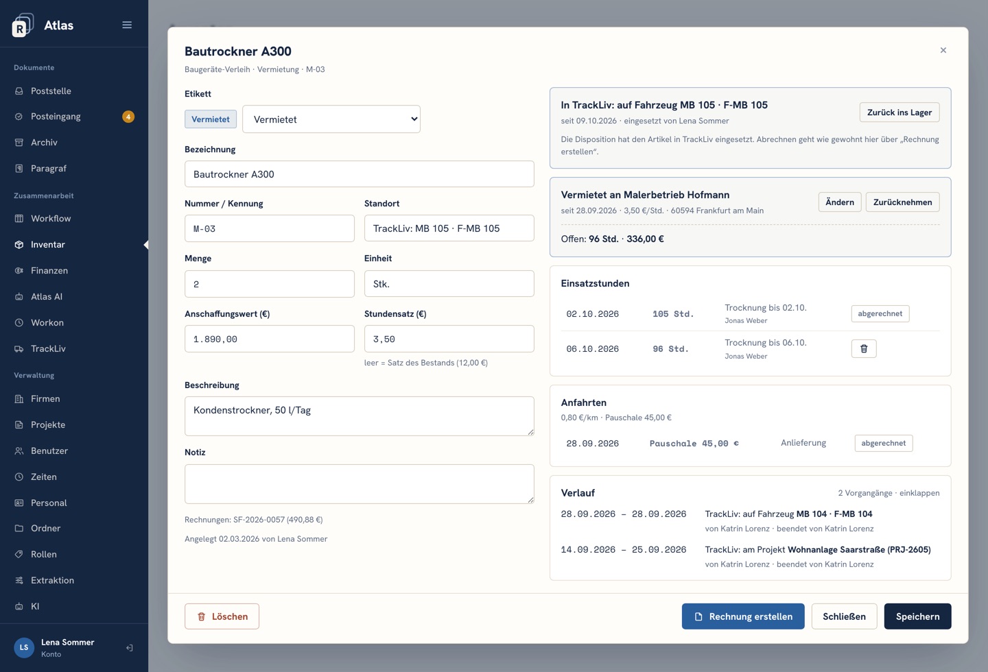 Atlas-Inventar: ein Artikel, der gerade in TrackLiv auf einem Fahrzeug im Einsatz ist, mit Verlauf