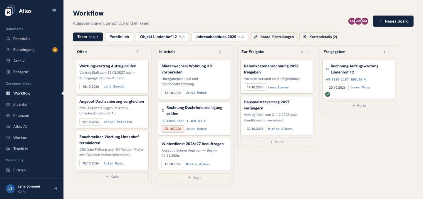 Ein Workflow-Board mit Spalten, Aufgabenkarten, Fälligkeiten und einer freigegebenen Karte