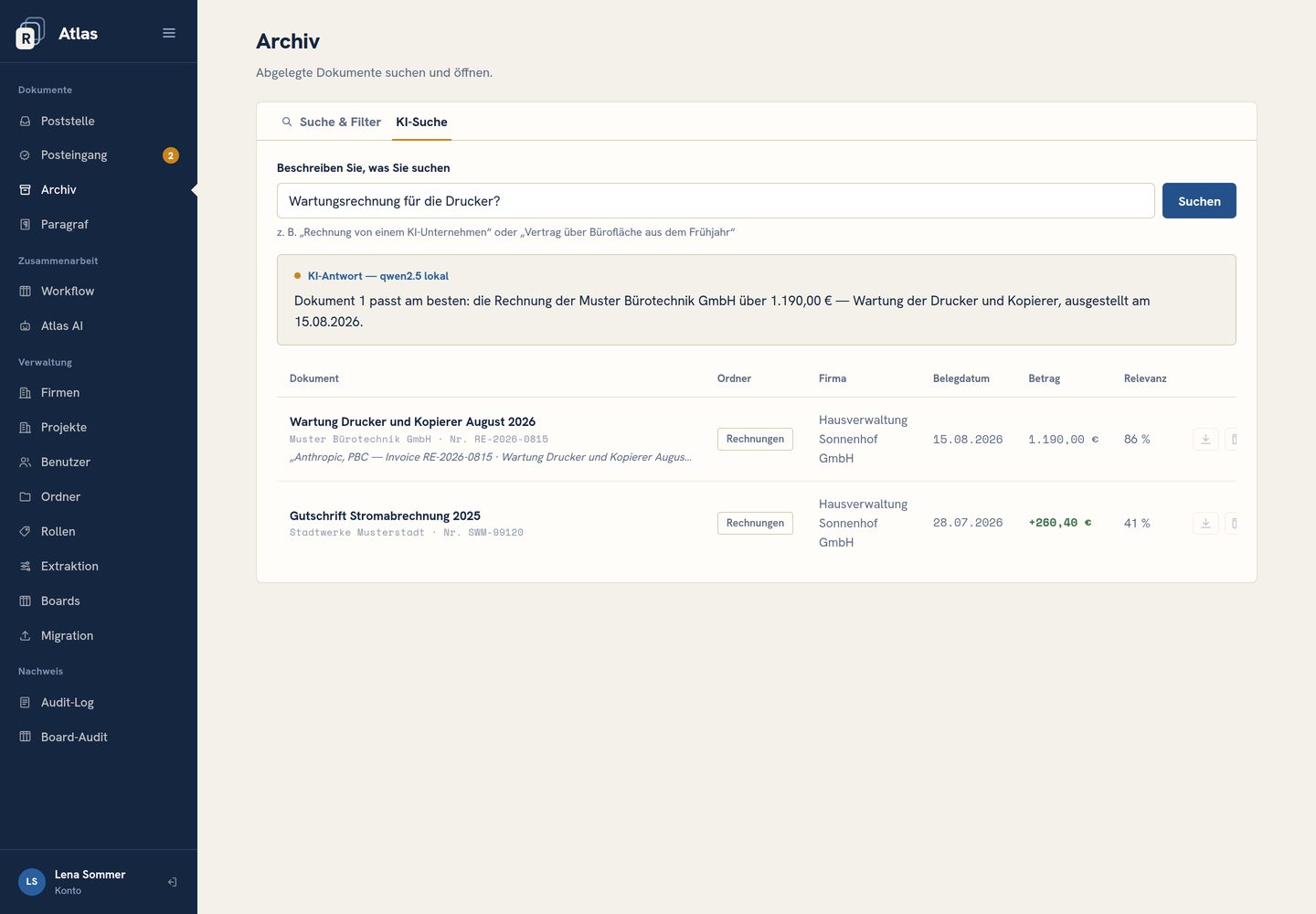 Die Suche im Archiv beantwortet eine Frage und zeigt die Fundstelle im Dokument