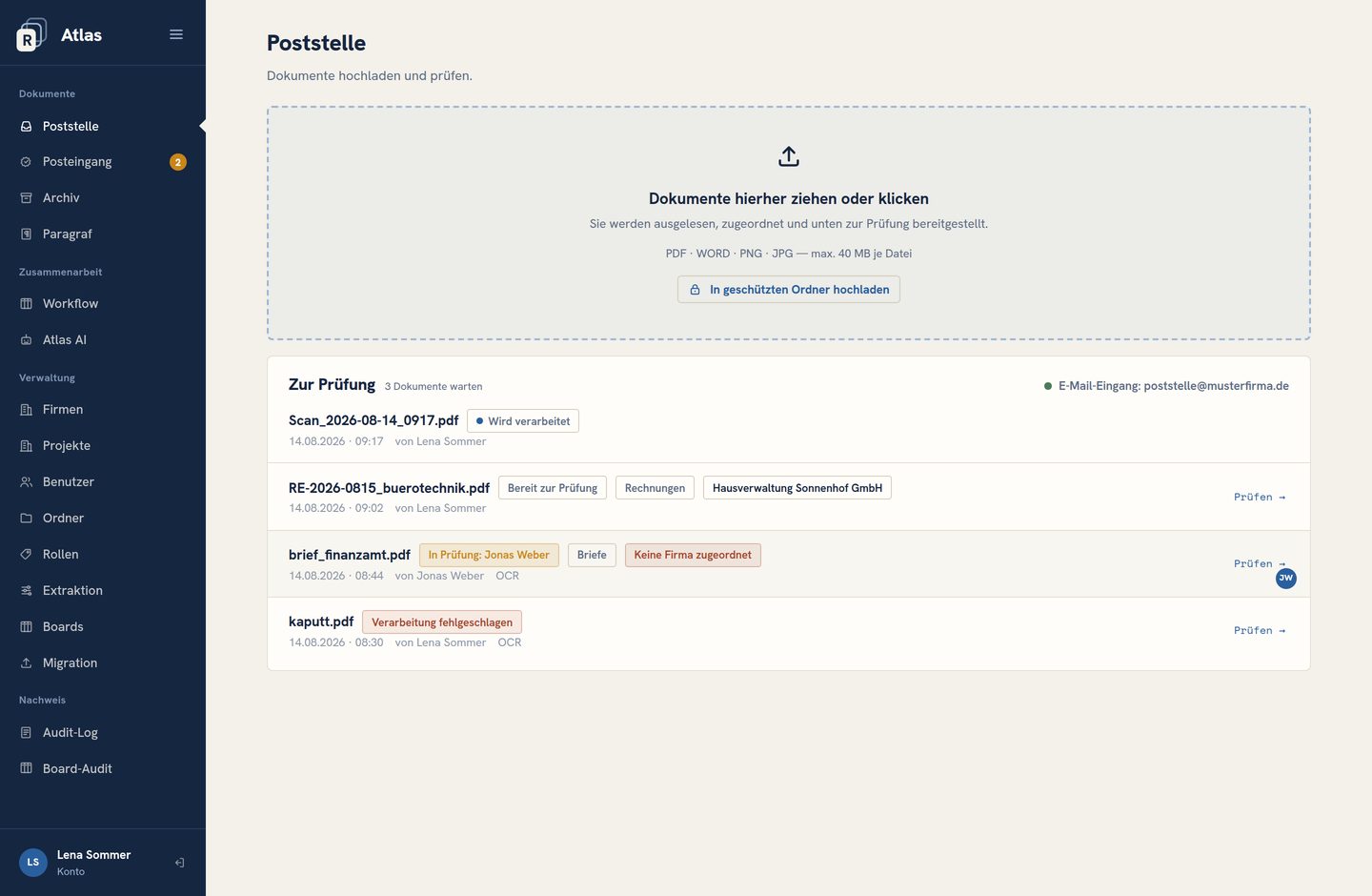Die Poststelle: Uploadfläche und Dokumente, die zur Prüfung bereitstehen