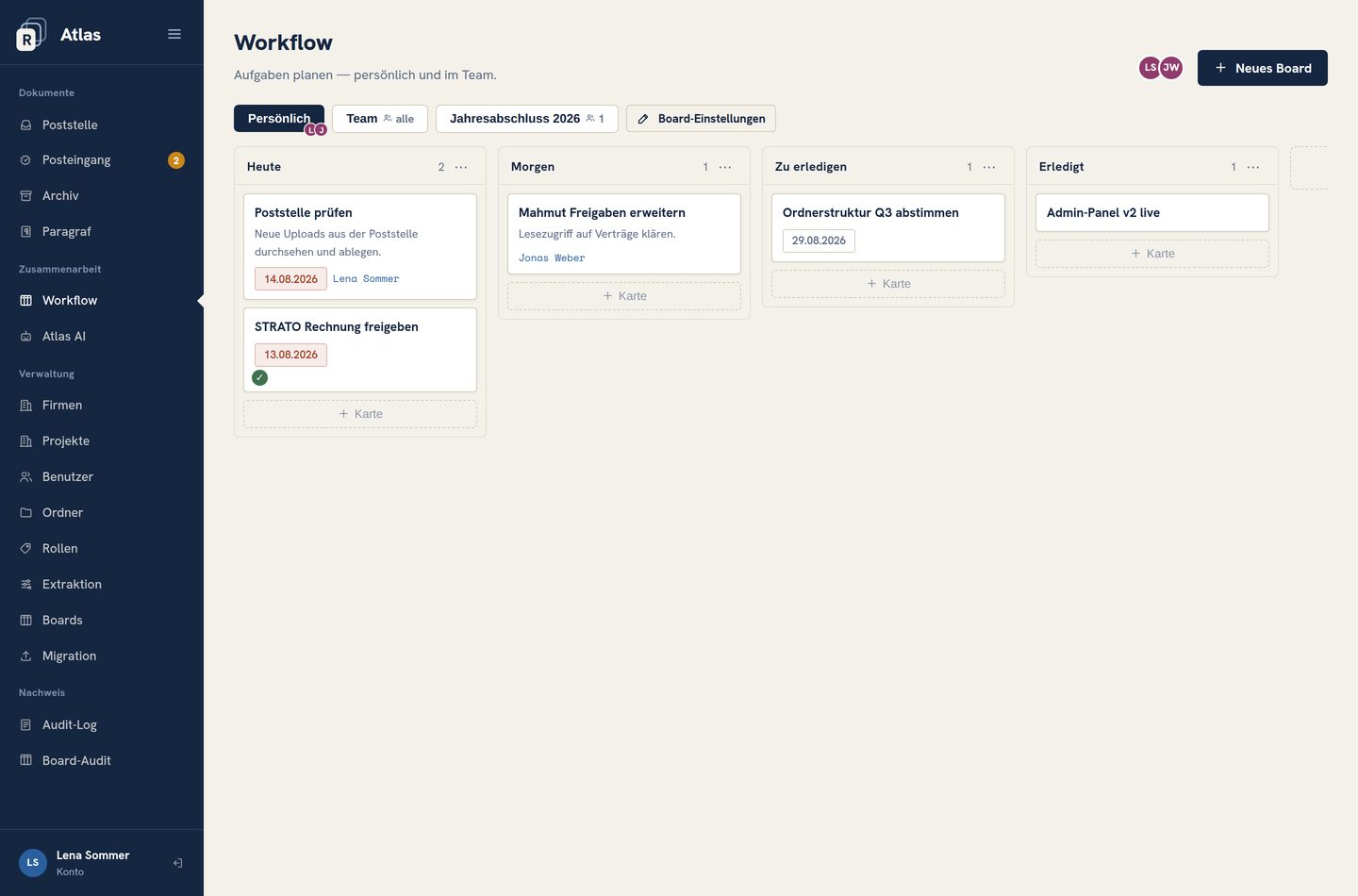 Ein Workflow-Board mit Spalten und Aufgabenkarten
